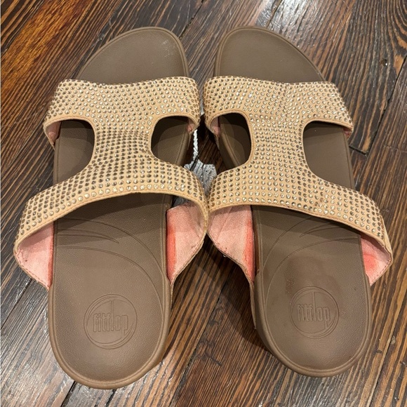 Fitflop Rhinestone Marli Slide Sandal Beige Vintage Gold Women’s Size 9 - Picture 2 of 6